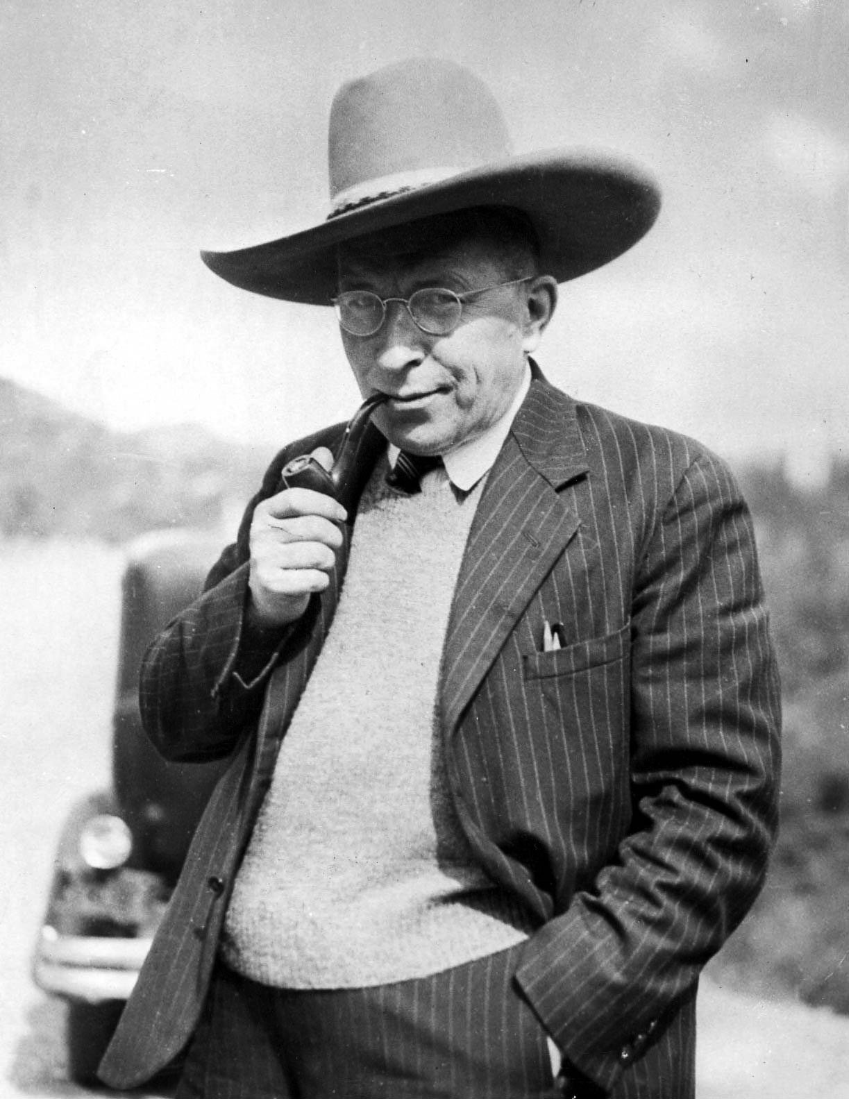 FILE - Sir Frederick Banting, discoverer of insulin and head of the Banting Institute of Toronto, obligingly dons a ten-gallon hat to pose for the photographer during his sojourn at Jasper National Park, Alberta, July 1, 1936. (AP Photo/The Canadian Press)