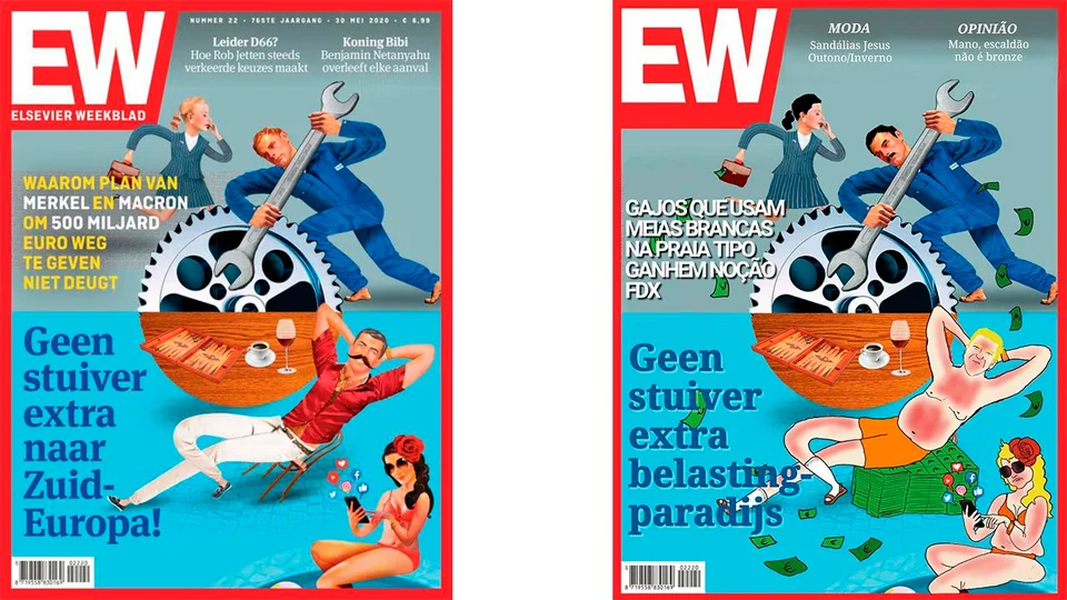 Kulturalistisk kritik. Ett nederländskt magasin porträtterar flitiga holländare och lata sydeuropéer med rubriken "Inte en styver mer till Sydeuropa!" Det dröjde inte länge förrän en portugisisk satir gjordes som vände på förhållandet och kritiserade Nederländerna för att vara ett skatteparadis.