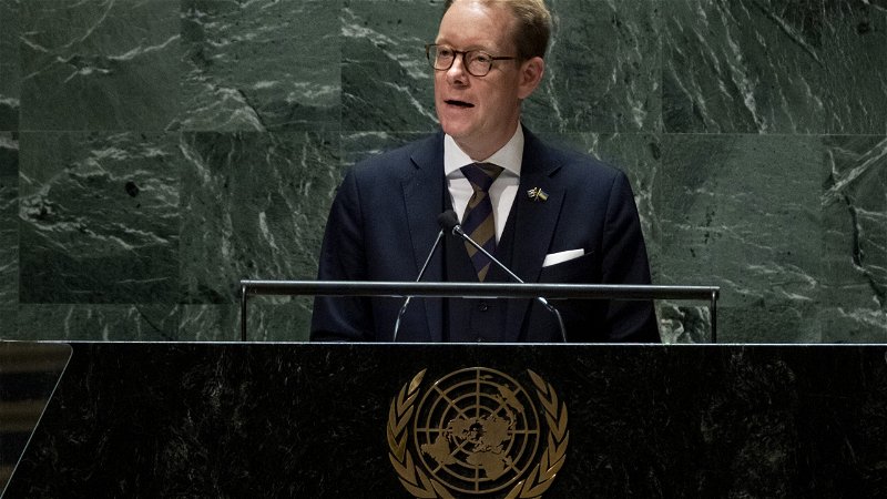 Sveriges utrikesminister Tobias Billström talar i FN:s generalförsamling den 22 september. Foto: AP/TT/Craig Ruttle.