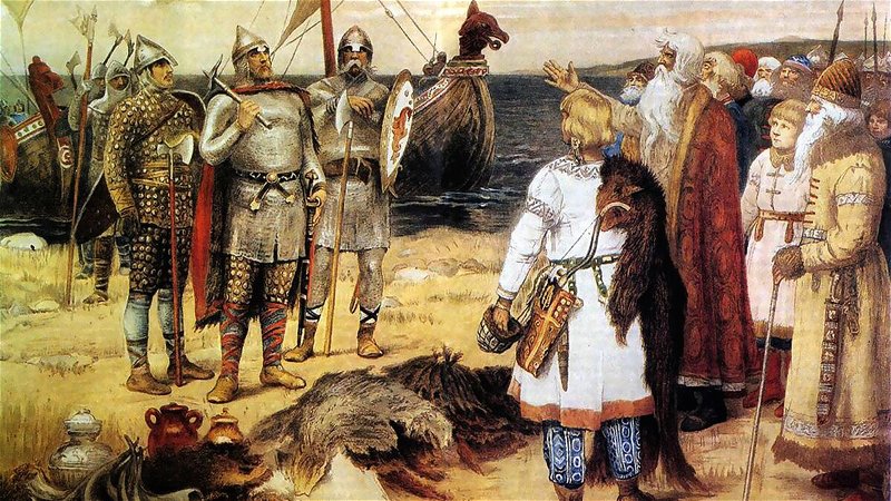”Varangiernas inbjudan” av Viktor Vasnetsov visar Rurik och hans bröder anlända vid Novgorod. Foto: Wikimedia.