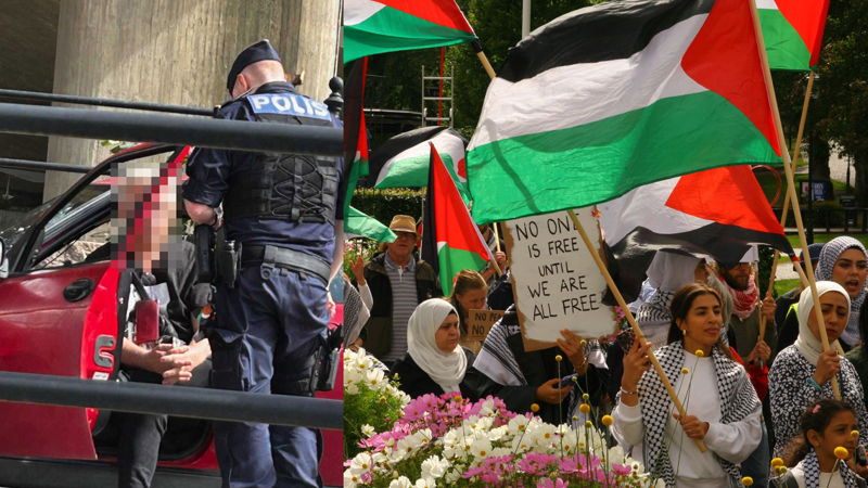 Till vänster: Mannen i sin röda Saab. Till höger: Demonstrationen i lördags i Borås. Foto: Privat.