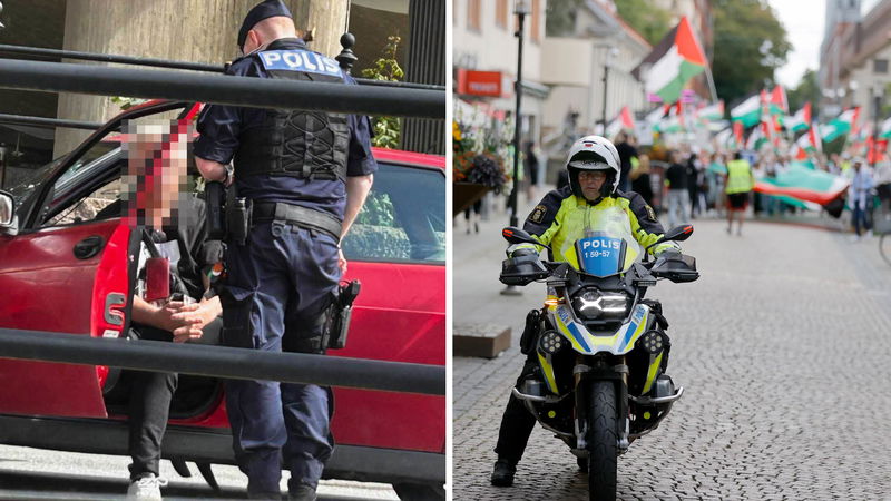 Till vänster: Boråsmannen efter bilattacken. Till höger: Polisuppbåd vid Palestinademonstration i Borås helgen efter. Foto: Privat / Adam Ihse/TT.