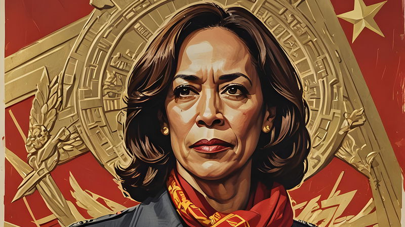 Med hjälp av AI-bilder som sprids i sociala medier nöts budskapet in att Kamala Harris är en farlig kommunist. Illustration: Leonidas Aretakis/Nightcafe/AI.