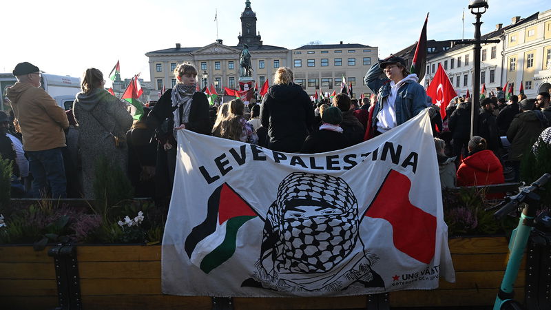 Medlemmar i Ung Vänster håller upp en banderoll under en Palestinademonstration i Göteborg, i november 2023.