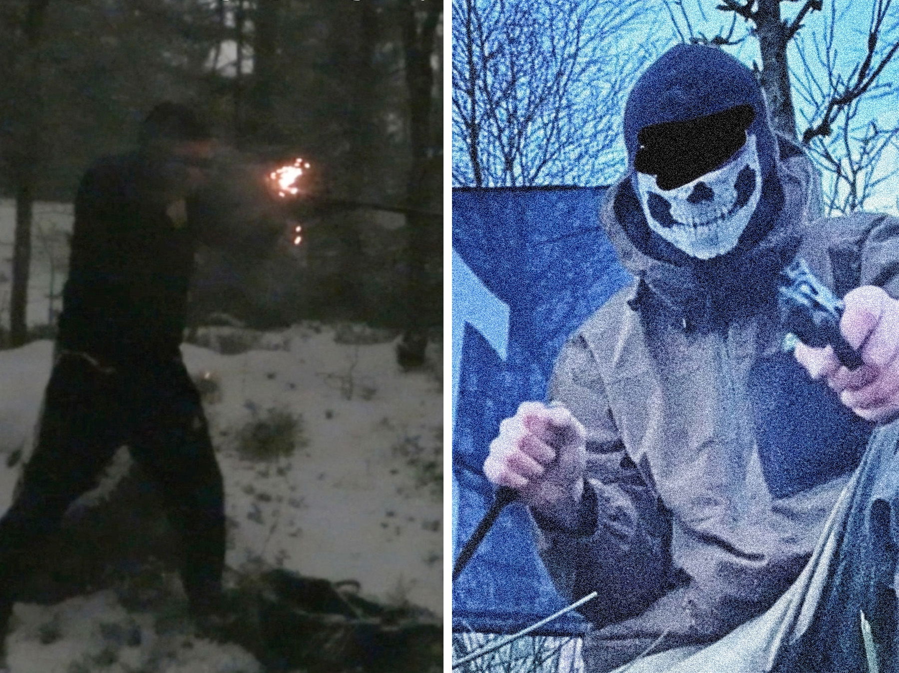 Ett tvådelat bildkollage. Till vänster syns en mörkklädd man på en suddig bild i en snöig skog som håller i ett skjutvapen och siktar framför sig. Den andra bilden visar en person i täckjacka och en mask som liknar en dödskalle, som håller en pistol i höger hand och en kniv i vänster hand. Ögonen har målats över digitalt med svart färg.