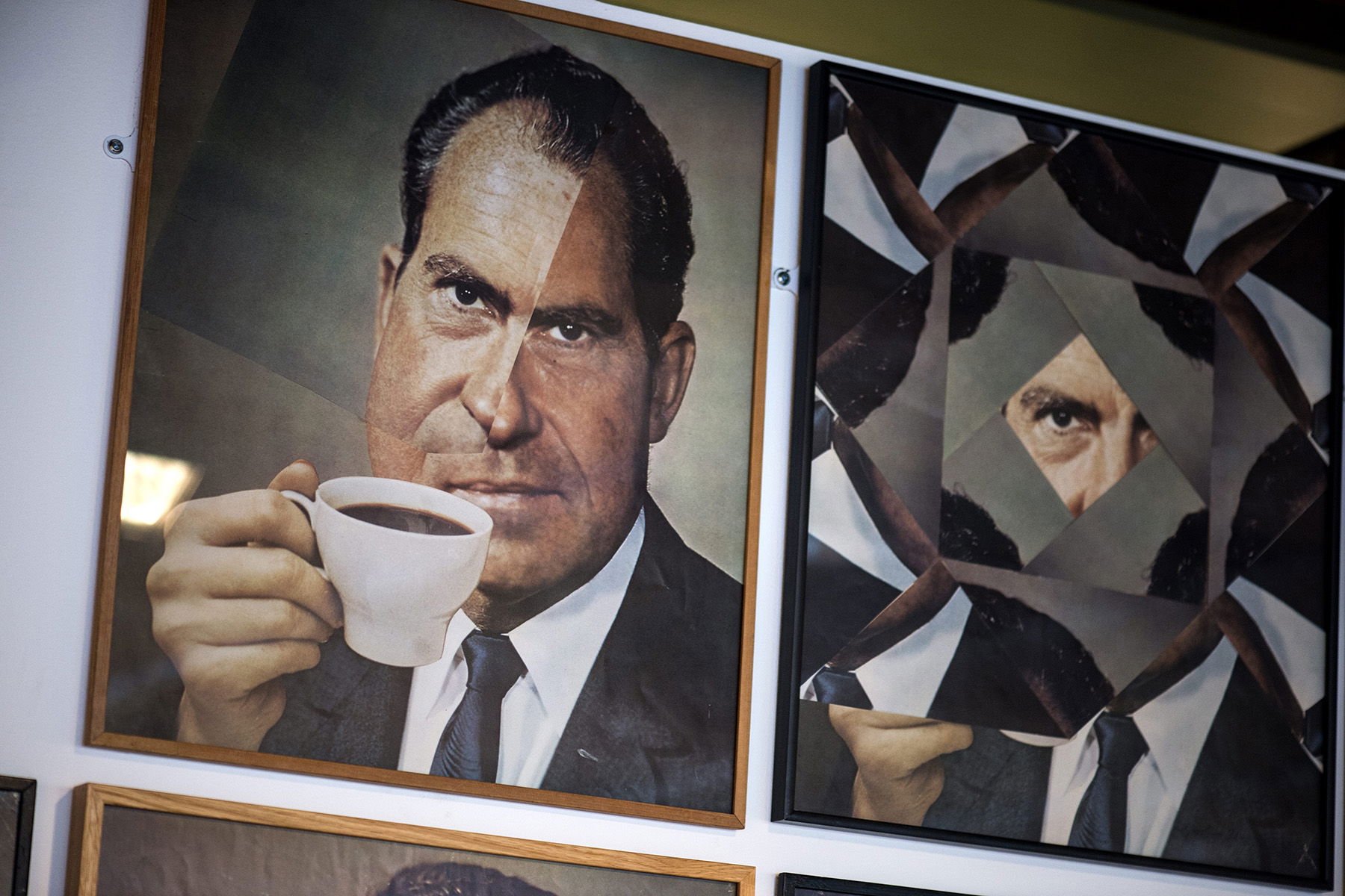 Kjartan Slettemarks bilder med president Nixon hänvisar till att Gevalia köpts upp av General Foods, som var inblandat i USA:s napalmtillverkning under Vietnamkriget. Som krigsmotståndare skulle man hellre dricka grönt te. Foto: Pontus Lundahl/TT.