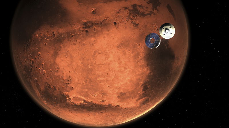 Markfordonet Perseverance kastar av sig rymdfarkostens kryssningsmodul, några minuter innan den går in i Mars atmosfär, enligt en illustration av Nasa. Bild: Nasa/JPL-Caltech/AP/TT.