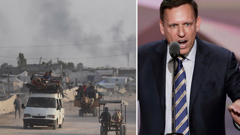 Den högerextrema miljardären Peter Thiel är vd på Palantir, som förser Israel med militära AI-system. Foto: Jehad Alshrafi/AP,     J. Scott Applewhite/AP.