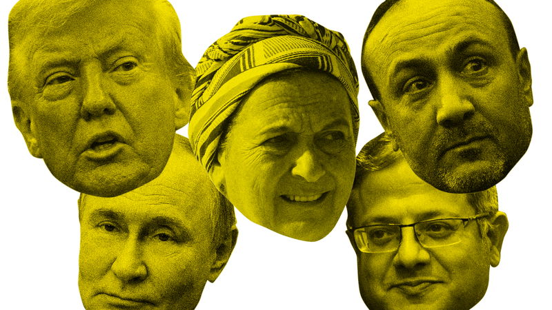 Ansiktena i fasornas mitt: USAs president Donald Trump, ”gudmodern för de israeliska bosättarna Daniella Weiss, ”palestiniernas Mandela” Marwan Barghouti, Rysslands president Vladimir Putin, Israels säkerhetsminister Itamar Ben-Gvir. Foto: Evan Vucci/AP, Vyacheslav Prokofyev/Sputnik/AP, 
Abir Sultan/EPA/AP, Bernat Armangue/AP, Menahem Kahana/AP.