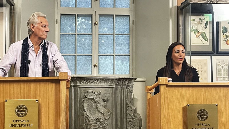Lars Trädgårdh och kulturminister Parisa Liljestrand presenterar kulturkanon på Uppsala universitet den 2 september. Foto: Paulina Sokolow. 