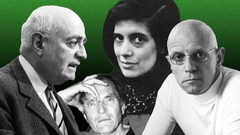 Från vänster till höger: Theodor Adorno, Paul Feyerabend, Susan Sontag och Michel Foucault. Foto: Roessler/KEystone/TT, Wikimedia commons, Jeffrey Blankfort/Camera Press, Jacques Haillot/L’Express.