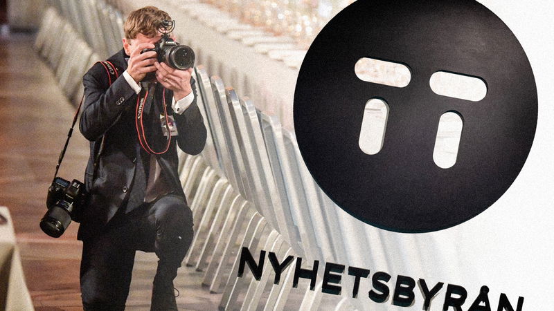 Pressfotograf i arbete inför Nobelfesten. Sedan 2018 
anlitar Tidningarnas Telegrambyrå firman Copyright agent. Foto: Anders Wiklund/TT, Christine Olsson/TT (montage).