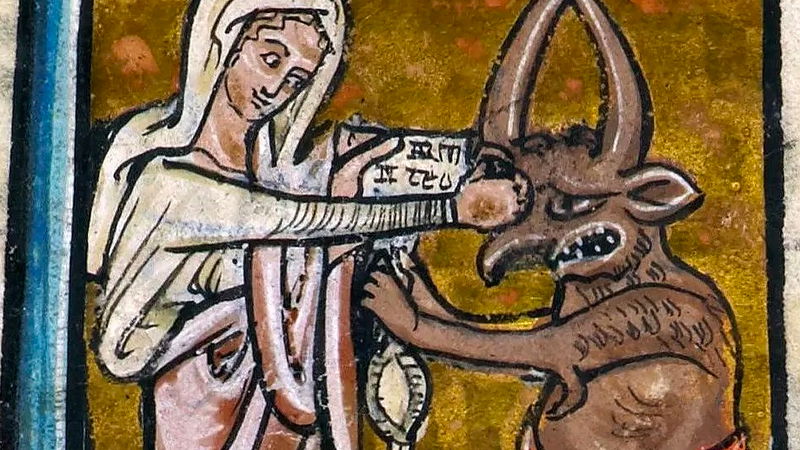 Att jungfru Maria framställs som fridfull är en modern uppfinning.
Bild ur engelskt manuskript, 1200-tal.