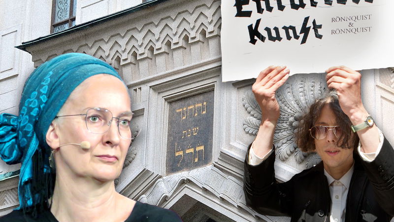 Anna Nachman och Dan Park, med Stockholms synagoga i bakgrunden. Bilden är ett montage. Foto: Wikimedia Commons & Drago Prvulovic / TT.