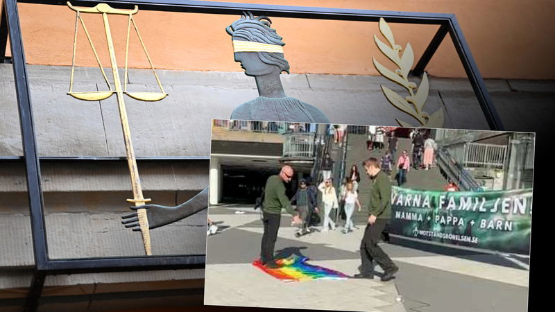 Symbolen Fru Justitia i Stockholms tingsrätt. En film visar hur NMR-aktivisterna trampar 
på regnbågsflaggan. Foto: Henrik Montgomery/TT, Polisens förundersökning.