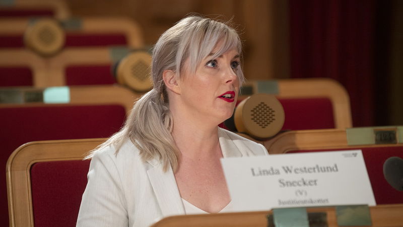 Linda Snecker under en utfrågning om våld i nära relation i justitieutskottet 18 maj 2021. Foto: Fredrik Sandberg/TT.