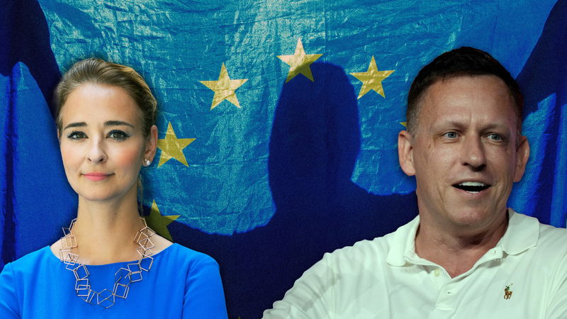 Alice Teodorescu Måwe och Palantirs grundare Peter Thiel. Foto: Rebecca Blackwell/AP,     Caisa Rasmussen/TT, Shakh Aivazov/AP.