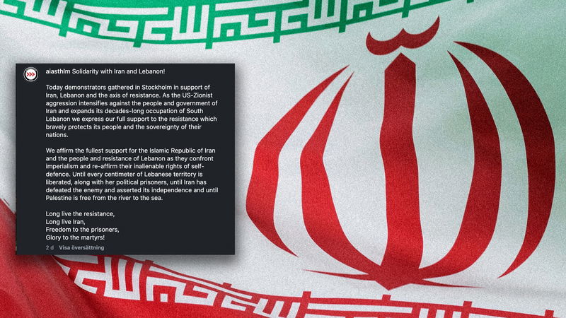 Den iranska flaggan med ”tulpanen” hölls upp av flera deltagare i fredagens demonstration. Flaggan, vars centrala emblem är en stiliserad variant av ordet ”allah”, infördes efter den islamiska revolutionen 1979. Foto: Florian Schroetter/AP & Antiimperialistisk aktion Stockholm/Instagram.