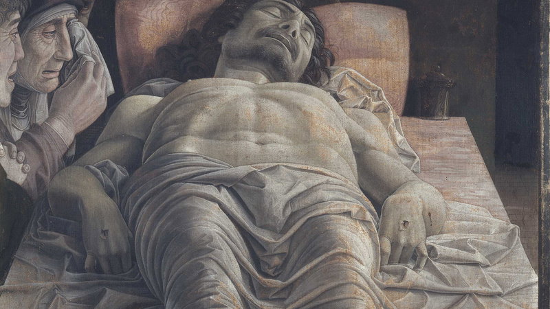 I Andrea Mantegnas skildring (1495) av Jesus skenbara död har livets färg lämnat kroppen. Men snart väntar en återkomst, en ny möjlighet. Bild: Andrea Mantegna, ”Den döde Kristus och tre 'sörjande'”, 1483.