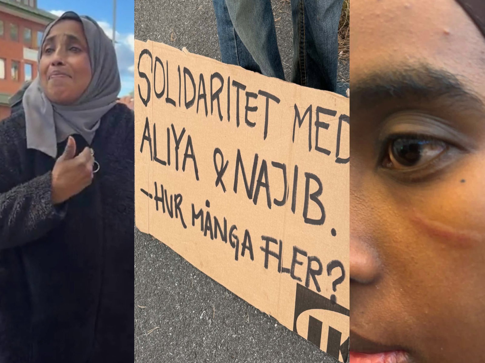 Syskonens mamma, protestskylt från motdemonstration, och bilden på Aliyas öga.
